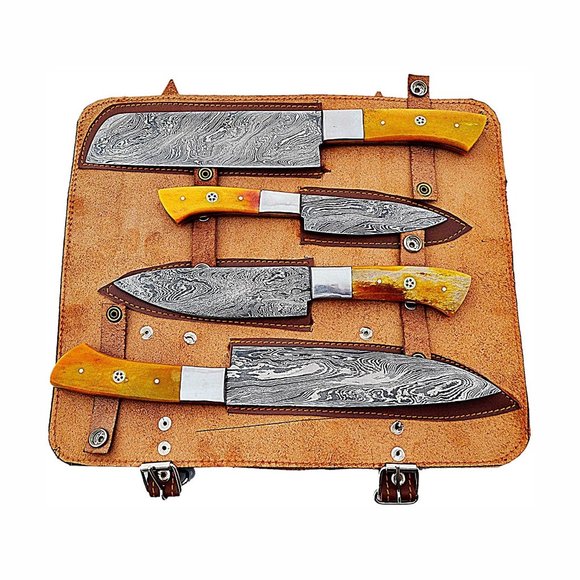 Custom Handmade Damascus Chef Knives 4 Pieces Set
